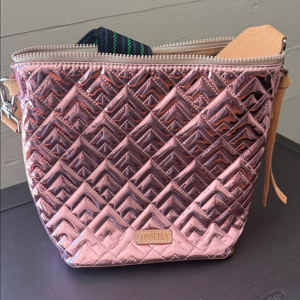 Consuela Metallic Quilted Rose Pink Crossbody Wedge Bag